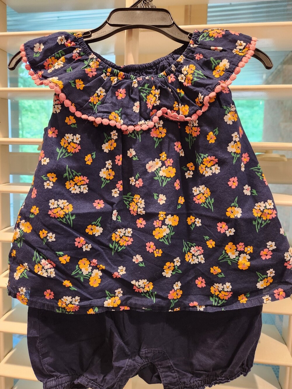 Baby Gap Navy Floral Pom-Pom Baby Romper Set, Size 18-24M